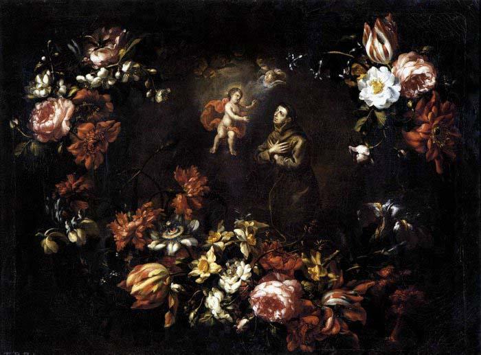 unknow artist Garland of Flowers with St Anthony of Padua oil painting picture